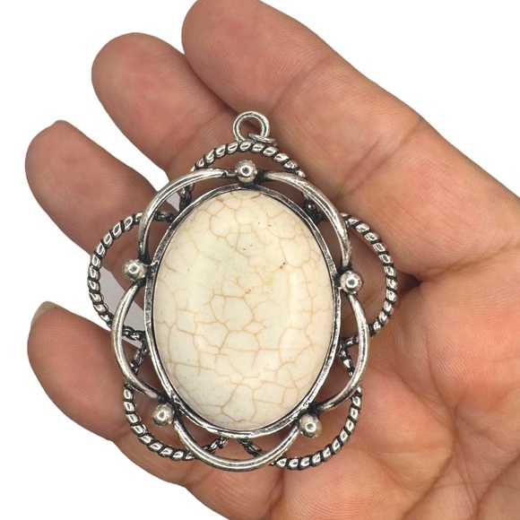 Oval White Howlite Turquoise Pendant With Silver-Tone Rope & Filigree Frame - Picture 5 of 6